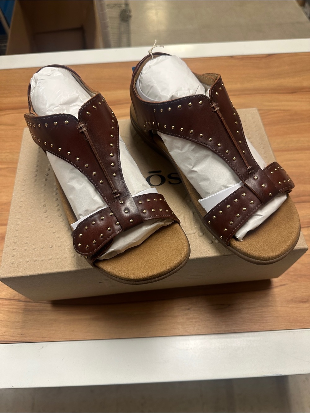 Taos Showstopper Women's Studded Cognac Color Leather Slide Sandals - Picture 2 of 11